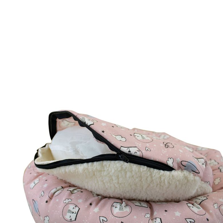 Cama em formato de donut com estampa de quadrinhos antiderrapante da Leeby para gatos, rosa.