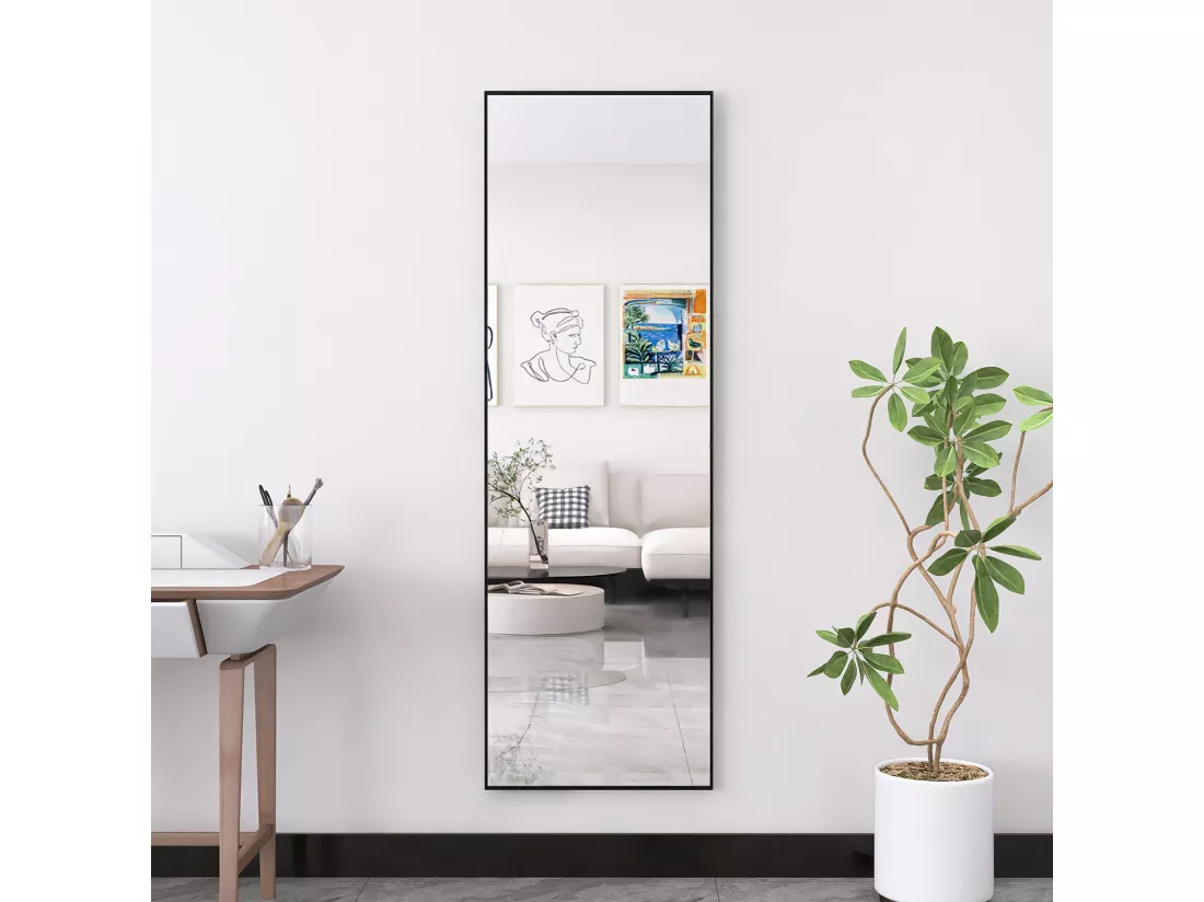 Miroir pleine longueur 165 x 60 cm, sur pied, suspendu ou appuyé, grand miroir de sol avec cadre en alliage d'aluminium noir pour salon ou chambre à coucher, rectangulaire