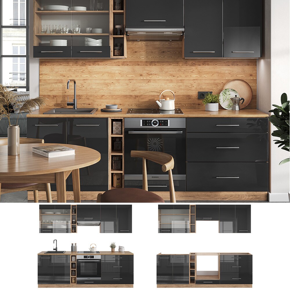 Vicco Küchenzeile Küchenblock Einbauküche Fame-Line Eiche Anthrazit 235 cm modern Hochglanz Küchen Schränke Hängeglasschrank Hängeschrank Schubladenunterschrank Spülenunterschrank Herdumbauschrank