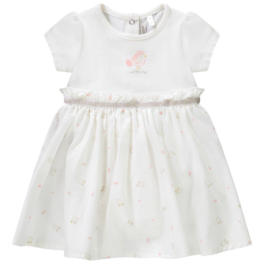 Robe body 2 en 1 bi-matière imprimé oiseaux pour bébé fille - Ecru