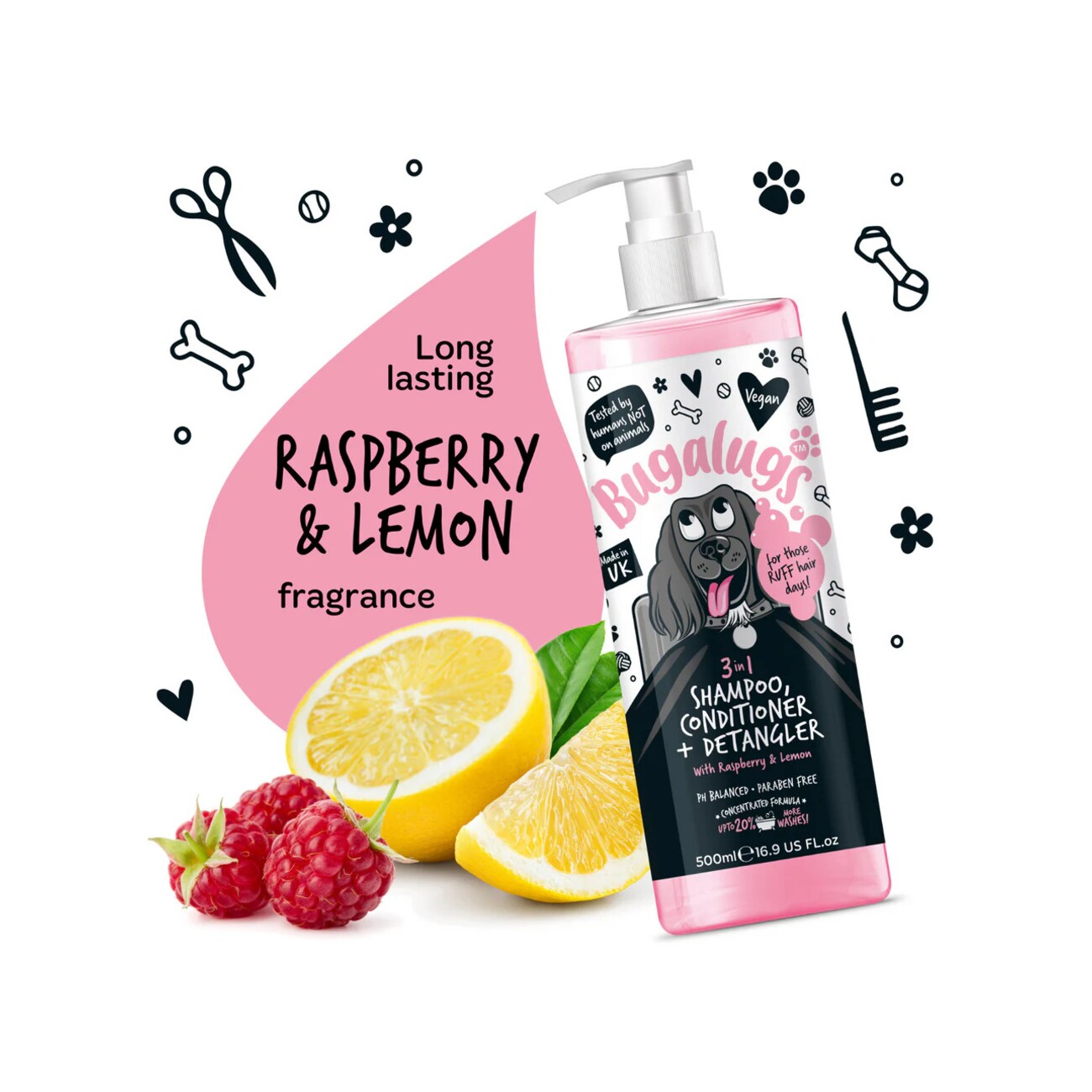Bugalugs 3-in-1 Hundeshampoo, Conditioner & Detangler – Himbeer & Zitrone
