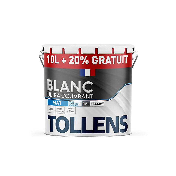 Peinture Tollens ultra couvrant murs, plafonds et boiseries mat blanc 10L+20% gratuit