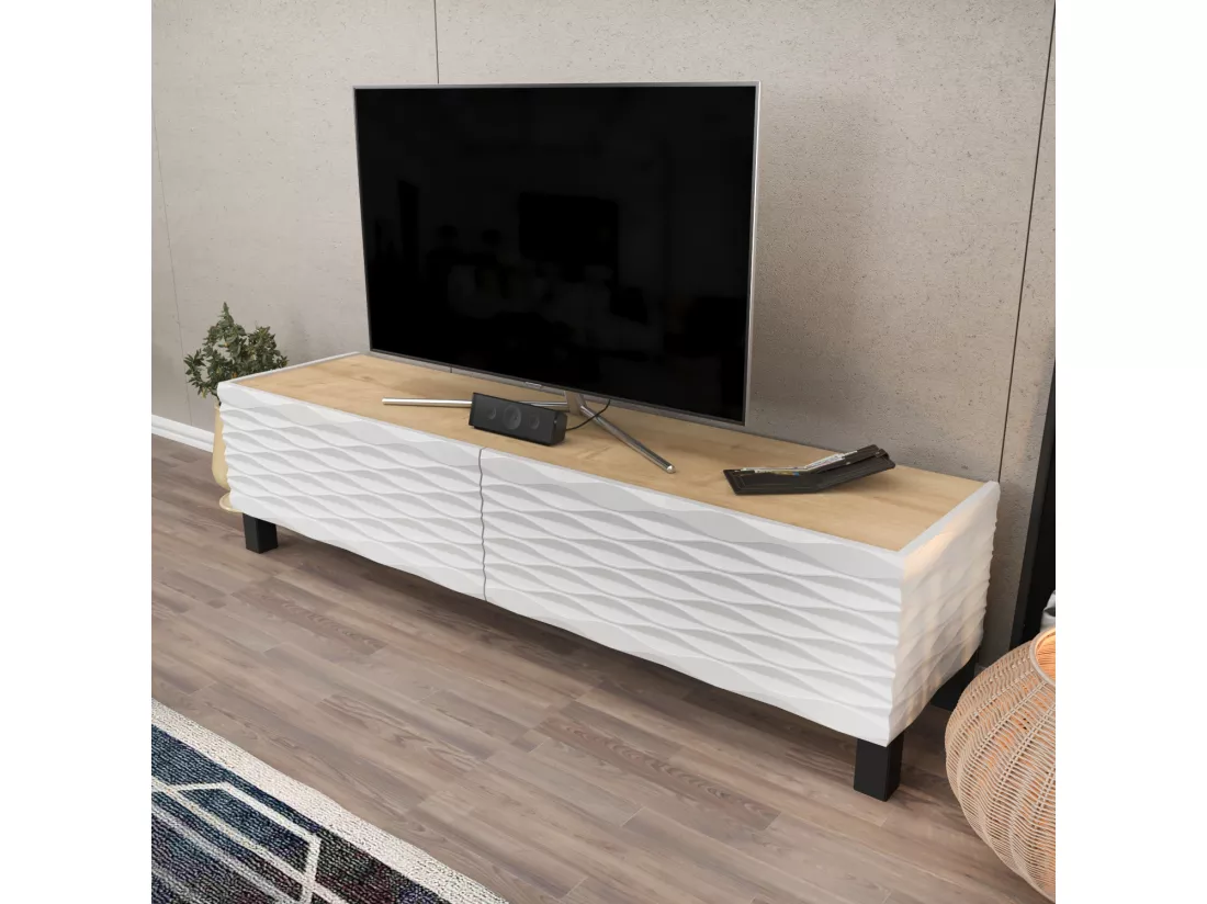 Meuble TV Lerze 150 cm Portes avec portes texture 3D en MDF (Chêne et Blanc)