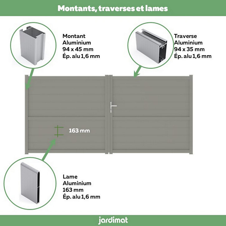 Portail Jardimat battant aluminium Perth gris quartz - 300 x h.170 cm