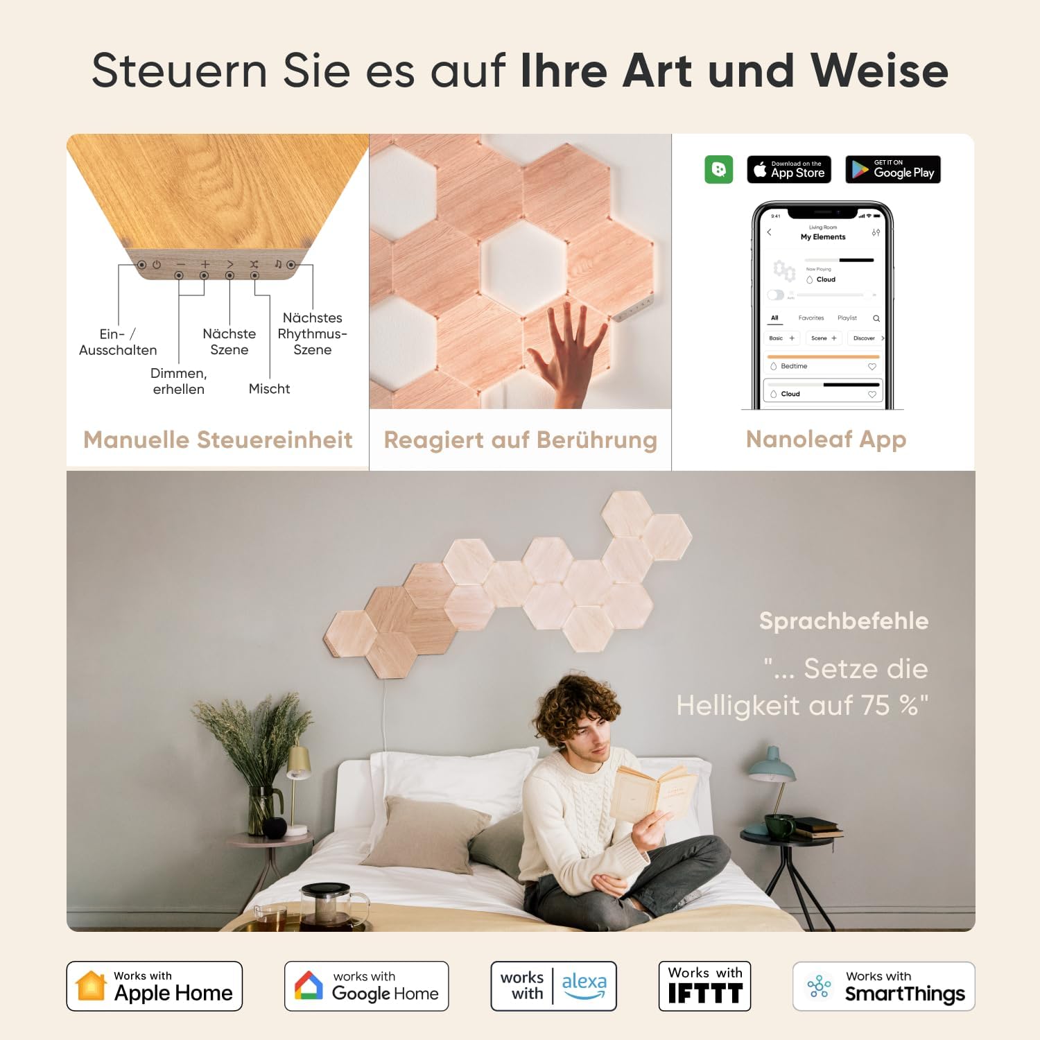 Nanoleaf Elements Hexagon Starter Kit, 7 Smarten Holzoptik LED Panels - Modulare Dimmbare WLAN Wandleuchte Innen, Musik Sync, Deko Wohnzimmer Schlafzimmer Büro
