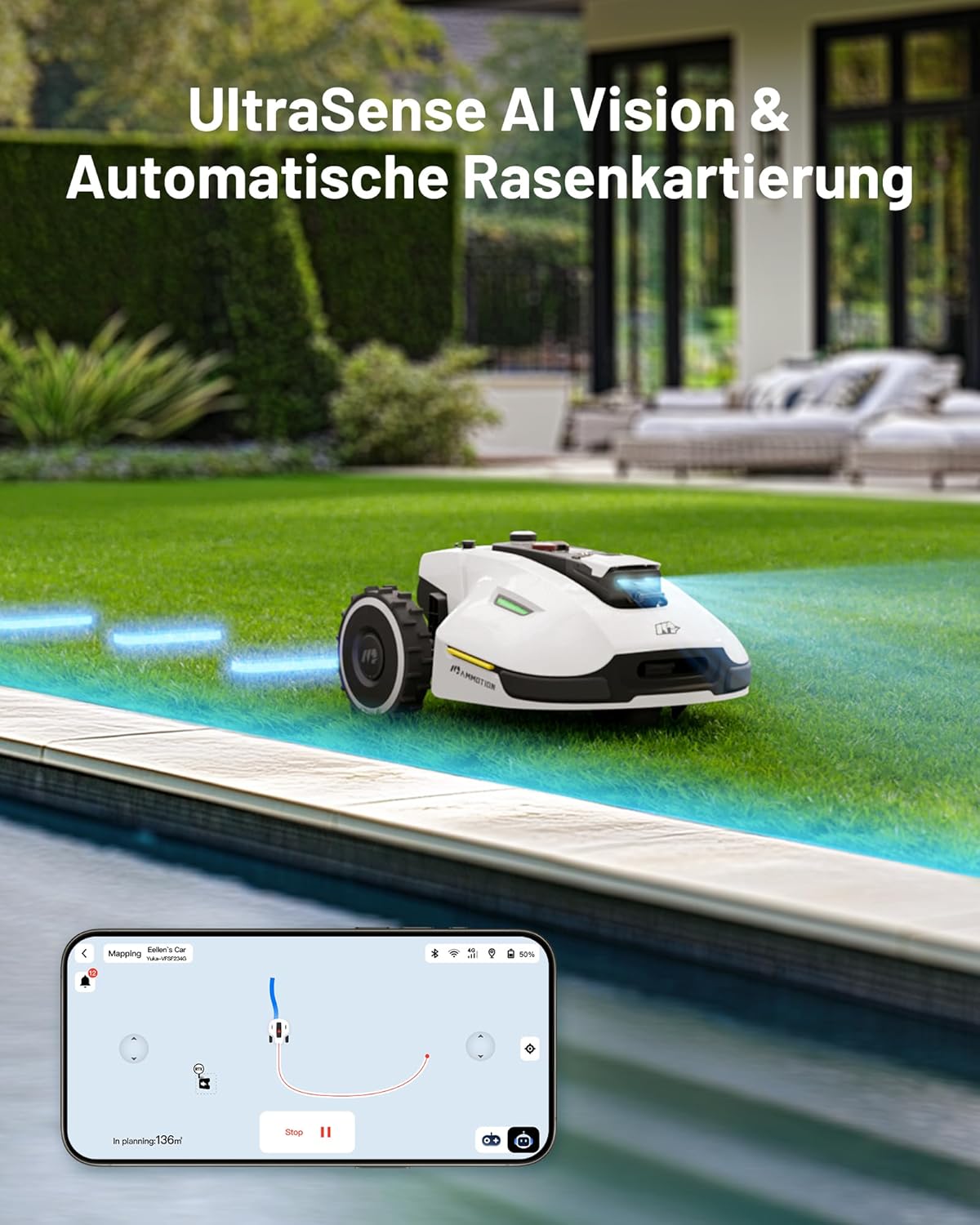 MAMMOTION YUKA 2000 Mähroboter ohne Begrenzungskabel, Max. 2400m², Keine RTK-Antenne, Auto-Kartierung,2000m², Intelligenter Rasenmäher Roboter mit 4G-Modul, 50% Steigung (yuka-2000 Upgrade)