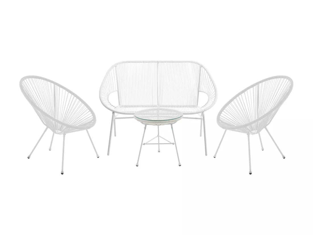 Salon de jardin en fils de résine tressés : 2 fauteuils, un banc et une table - Blanc - ALIOS III de MYLIA