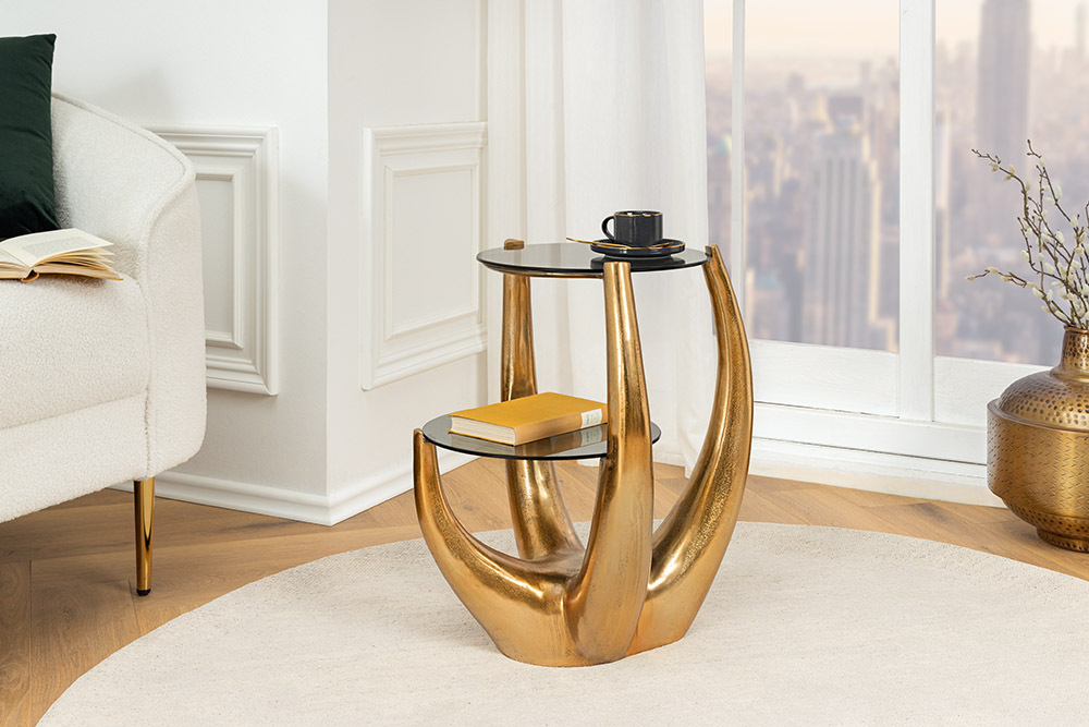 Handgefertigter Beistelltisch LEVELS 50cm gold antik Schwarzglas schwarz Metall