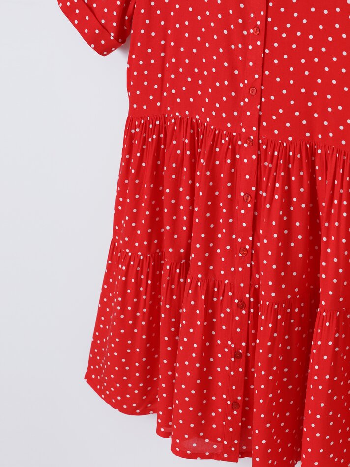 Vestido camisa evasê - Branco/vermelho