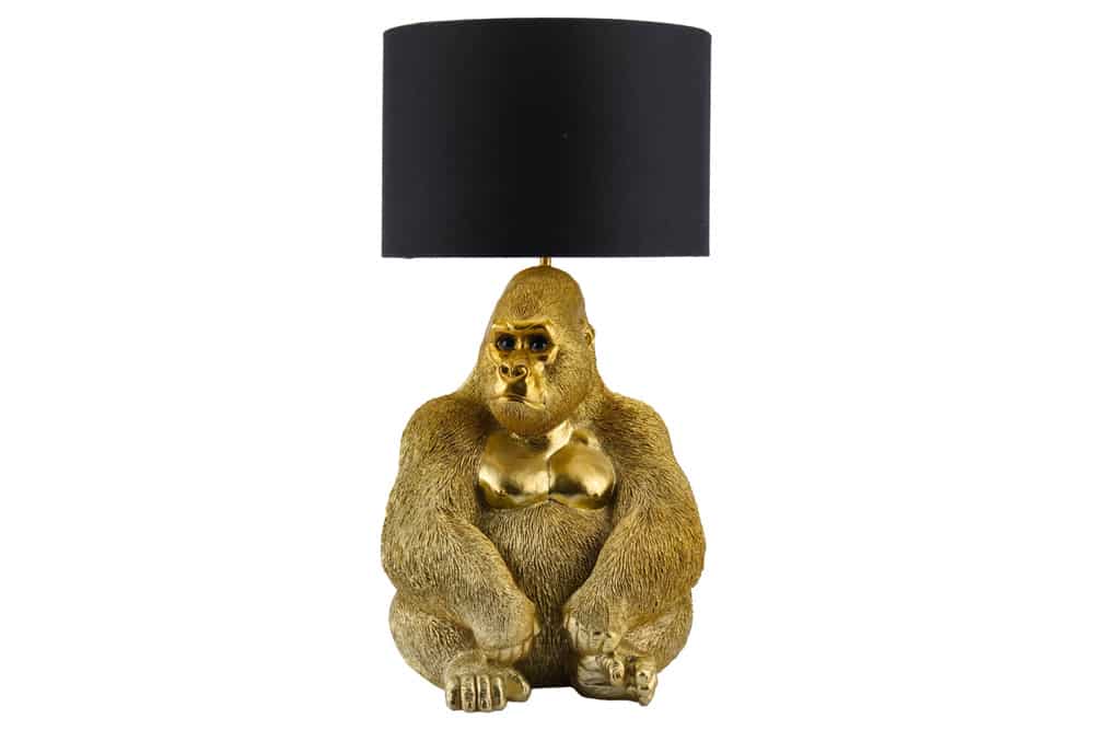Handgefertigte Tischlampe KING APE 55cm gold schwarzer Stoffschirm Gorilla-Skulptur
