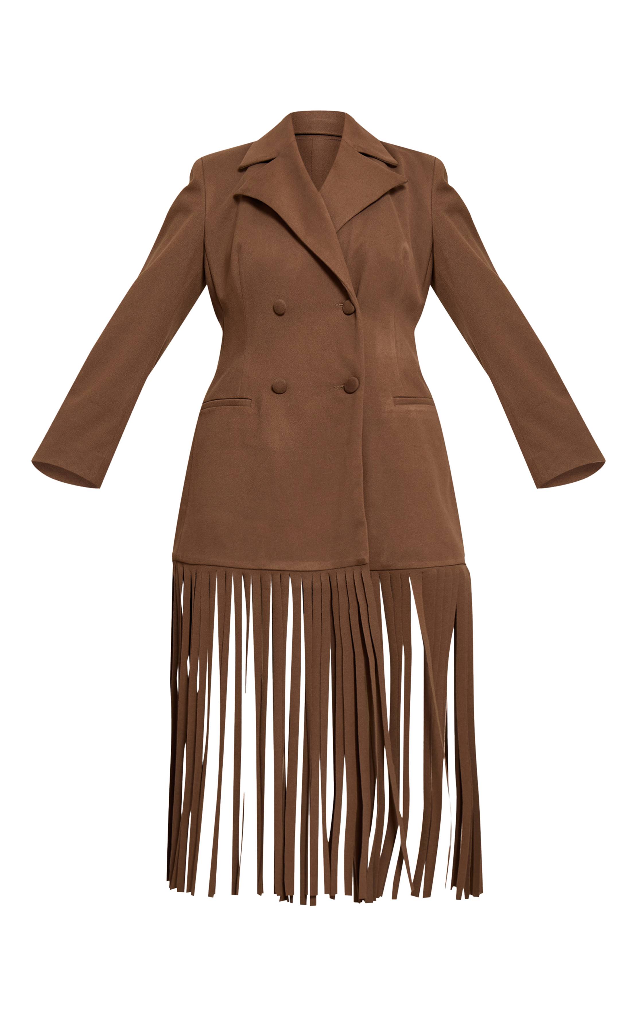 Marron Blazer Shape Aspect Laine Taille Cintrée Ourlet À Franges