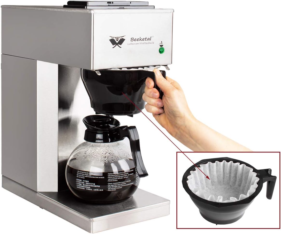 Beeketal 'BGK2-GK' Gastro Edelstahl Filterkaffeemaschine mit 2 Glaskannen (je 1,5l) und Wärmeplatte, Korbfilter Kaffeemaschine mit 2 Heizsystemen (Brühen/Warmhalten), inkl. 10 Stk. Papier Korbfilter