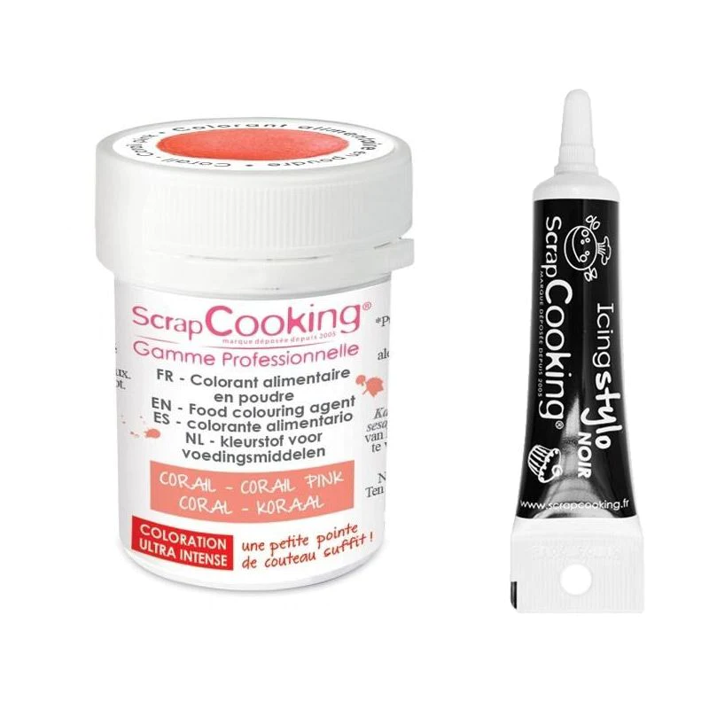 Colorant alimentaire en poudre corail + Stylo glaçage noir Scrapcookin