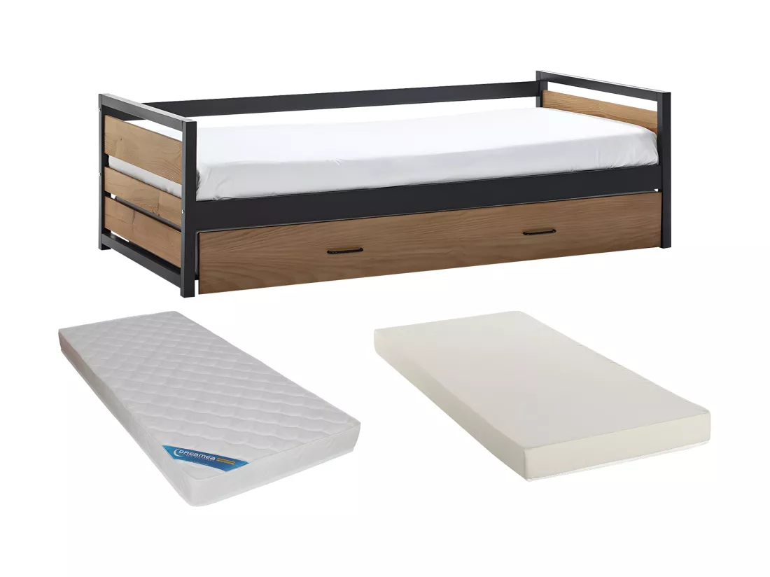 Lit gigogne industriel BOSTON - 2 x 90 x 190 cm - MDF, Pin et métal - Coloris : Noyer et anthracite + Matelas