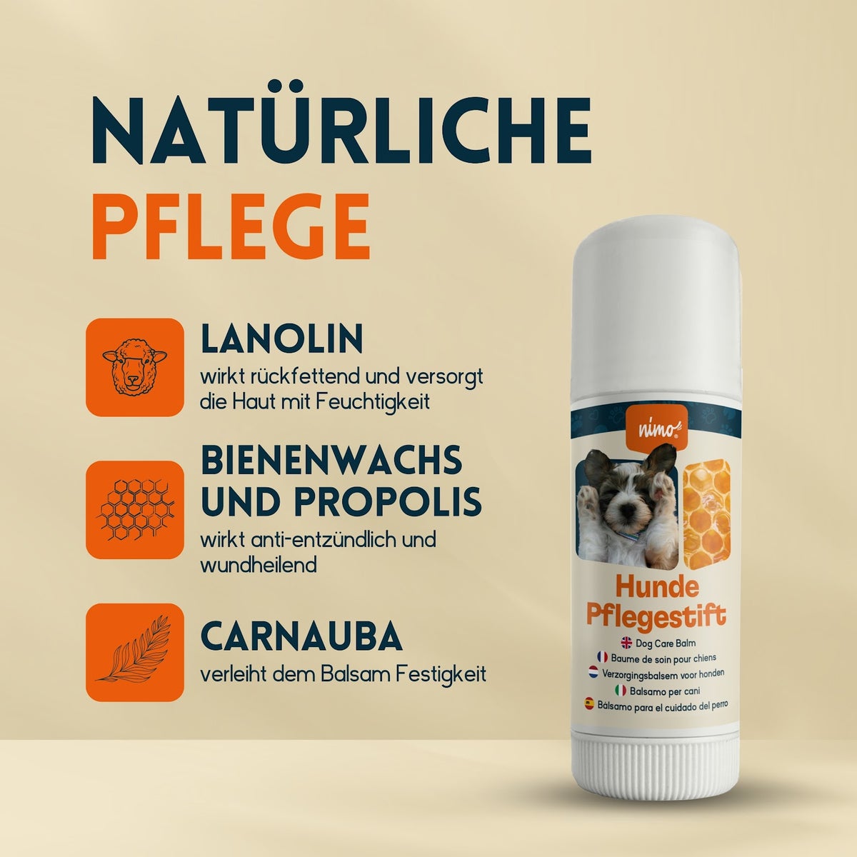 nimo® Hondenverzorgingsstick • met bijenwas en propolis voor geïrriteerde en droge plekken