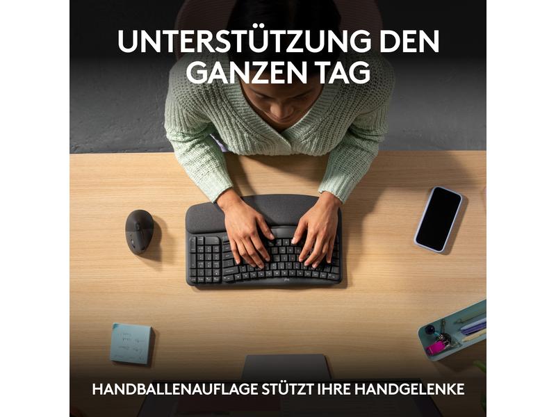 Logitech Tastatur Wave Keys Kabellose ergonomische Tastatur mit gepolsterter Handballenauflage