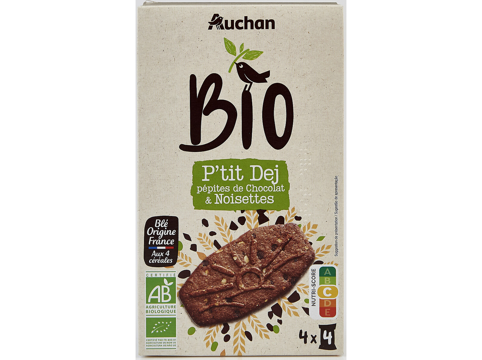 BOLACHA PEQUENO ALMOÇO AUCHAN BIO CHOCOLATE E AVELÃ 4 SAQUETAS 200G