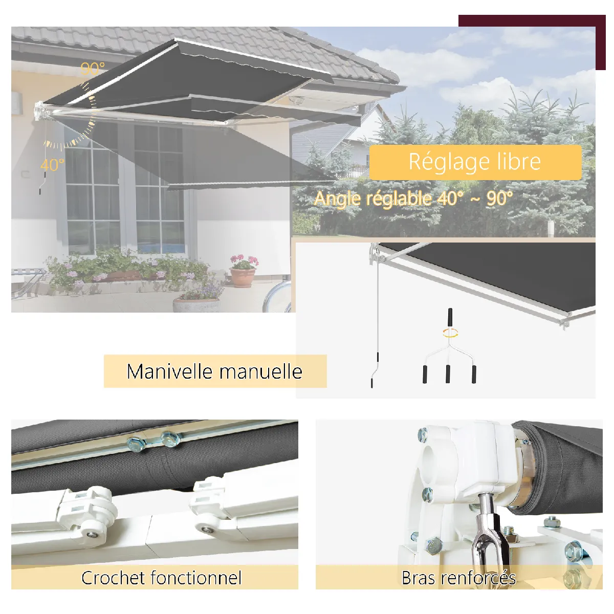YODOLLA Store Banne Manuel Rétractable - Aluminium Polyester Auvant de Balcon - 4 x 2.5 M - Gris