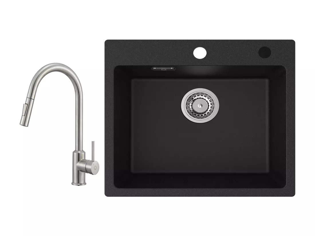Cecipa max Evier Quartz Noir 50x45cm Evier 1 Bac en Quartz Evier de Cuisine en Granit + Mitigeur avec Douchette Extractible - 2 Modes de Sortie D'eau