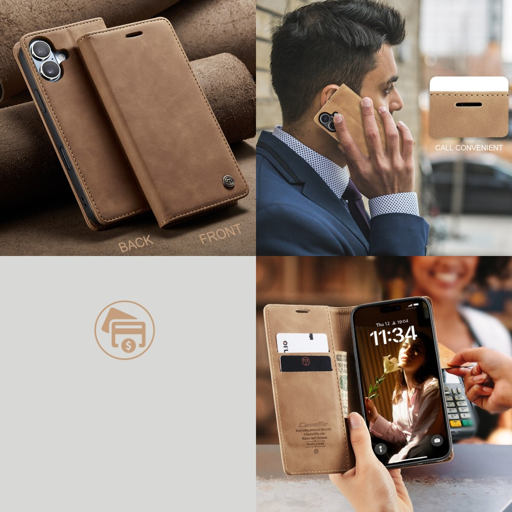 iPhone 16 Leder Tasche Flip Wallet Etui mit Kartenfächern - Hellbraun