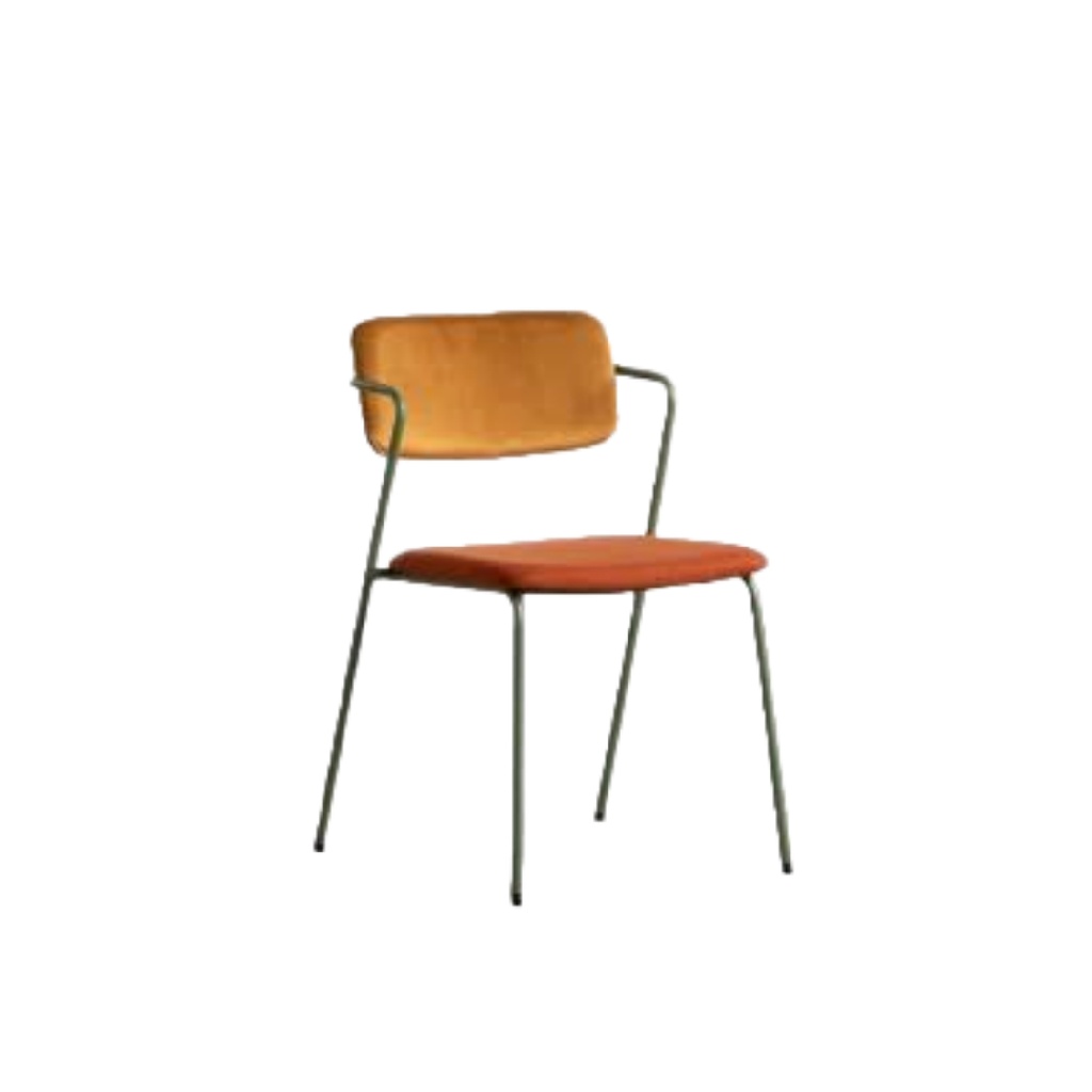Chaise de salle à manger en tissu orange et jaune moutarde, structure métal