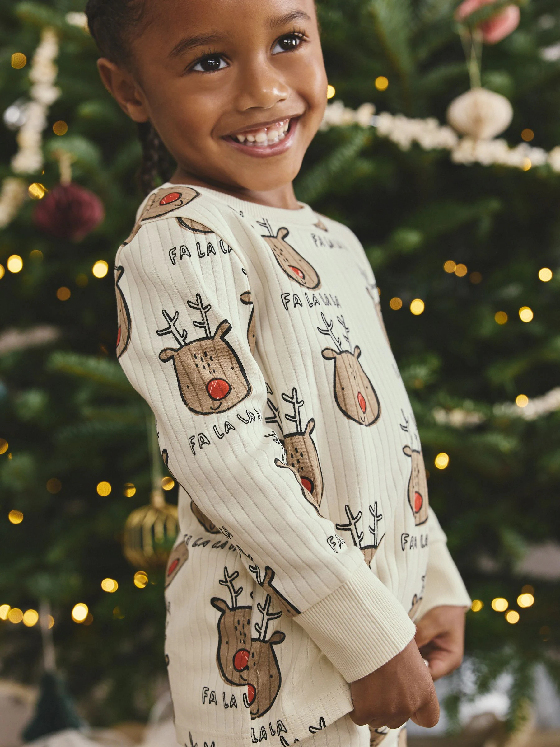 Ecru Wit Kerstmis Rendier - Nauwsluitende enkele pyjama (9mnd-10jr)