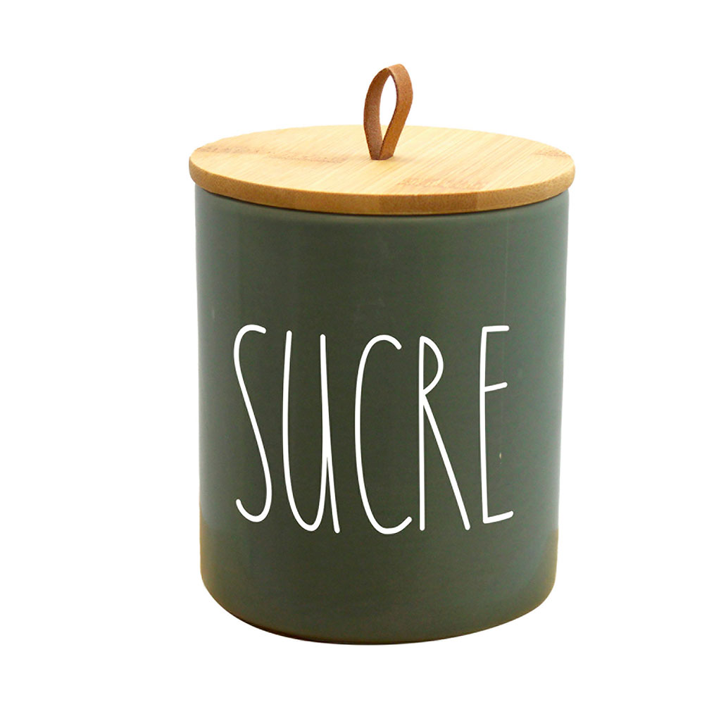 Pot à sucre céramique et couvercle bambou vert D 9.6x13cm