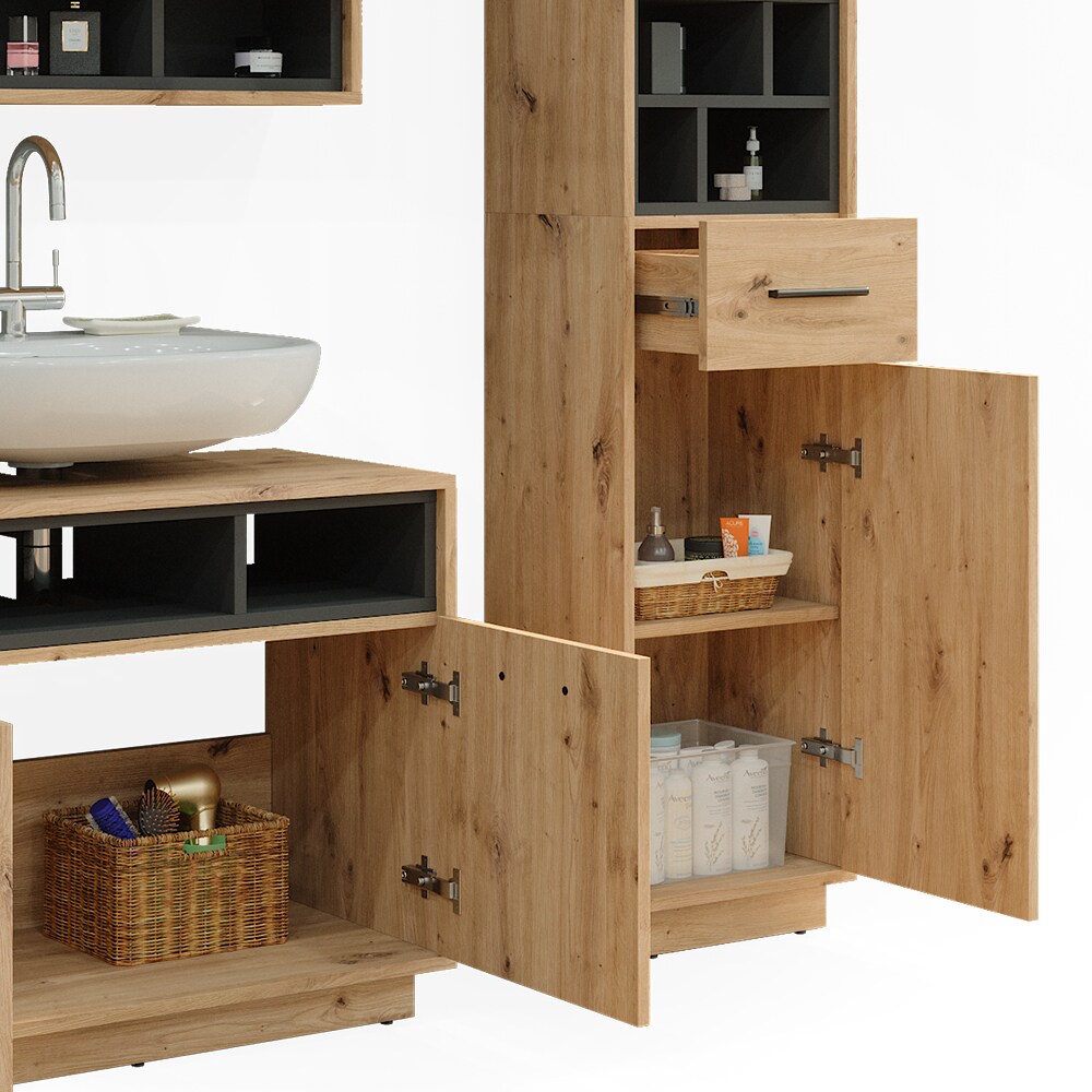Vicco Badmöbel-Set Badezimmer-Möbel Bad-Schrank Beatrice Eiche Anthrazit modern Badezimmerschrank Waschtischunterschrank Spiegelschrank Hochschrank Schranktür Schrankfach