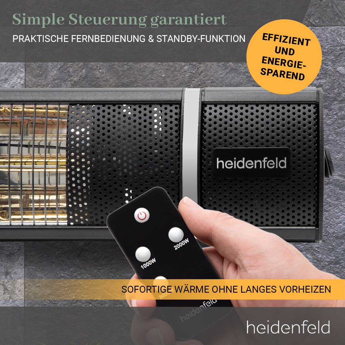 Heidenfeld Infrarot-Heizstrahler IH110, 1000-3000 Watt, Fernbedienung, Schutzhülle, 180° neigbar
