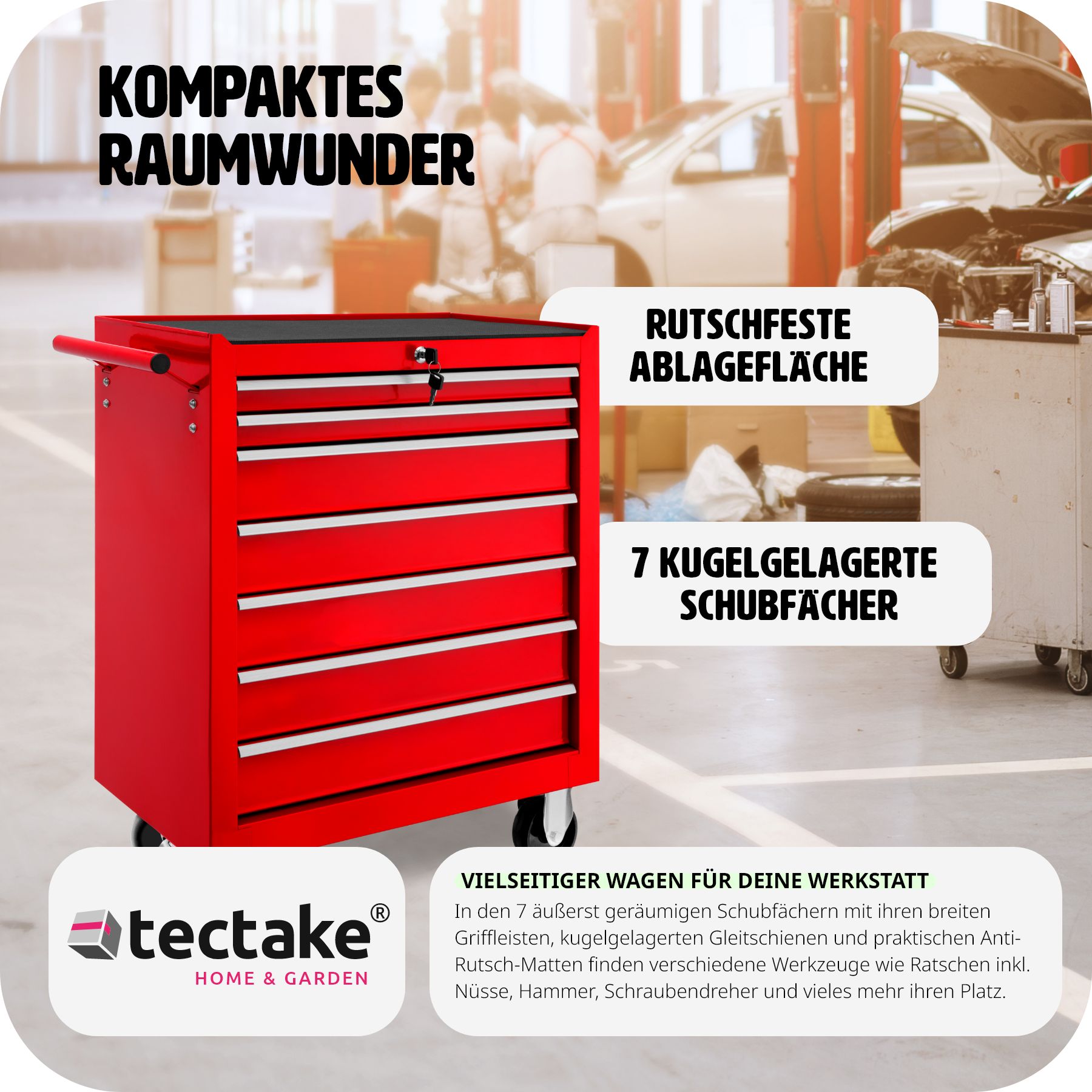 tectake® Werkzeugwagen, 7 kugelgelagerte Schubladen mit Antirutschmatten, zentrale Sicherheitsverriegelung, Rollen Ø 100 mm