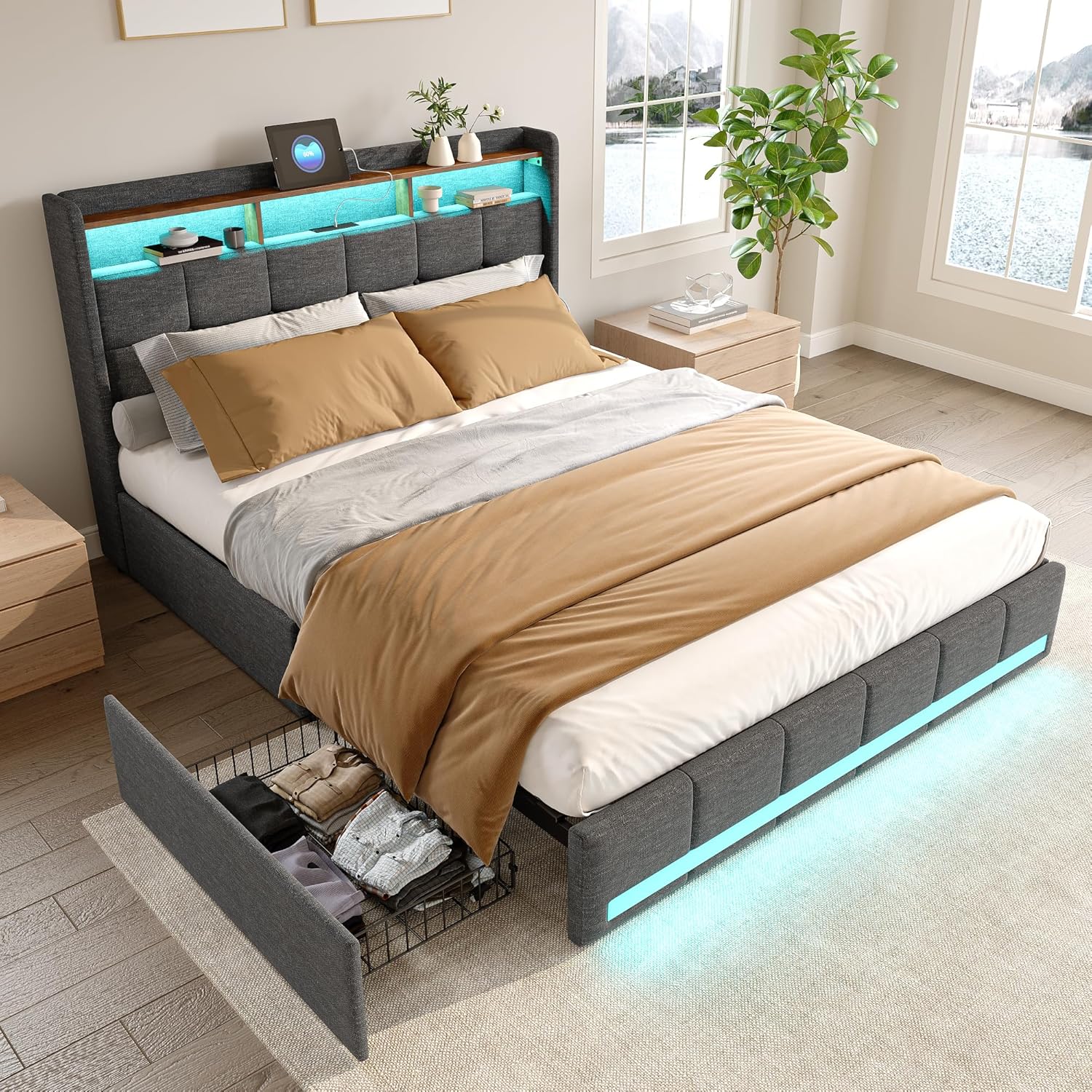 Bett 180x200, Polsterbett Doppelbett mit LED und USB, 4 Schubladen, Kopfteil mit Stauraum, Boxspringbett Bettgestell mit Lattenrost, Modern Jugendbett Erwachsenenbett, Leinen, Grau, Ohne Matratze