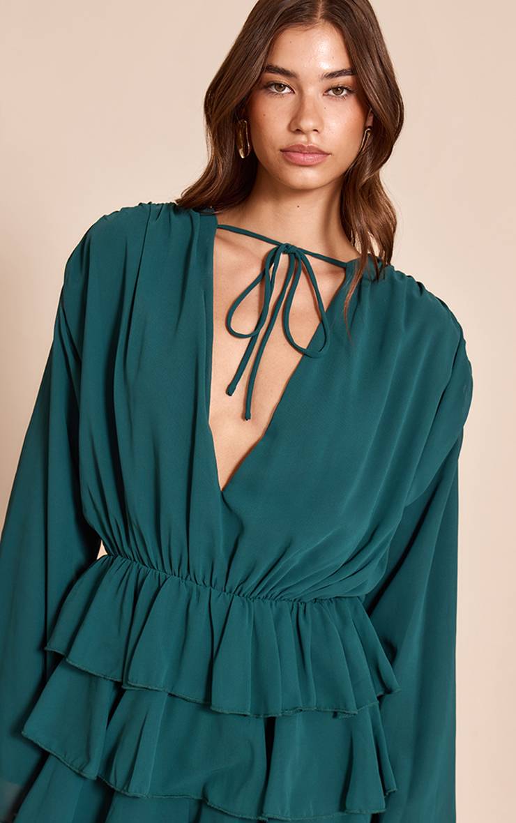 Vert Turquoise Combinaison-short En Mousseline À Volants Étagés Et Col En V
