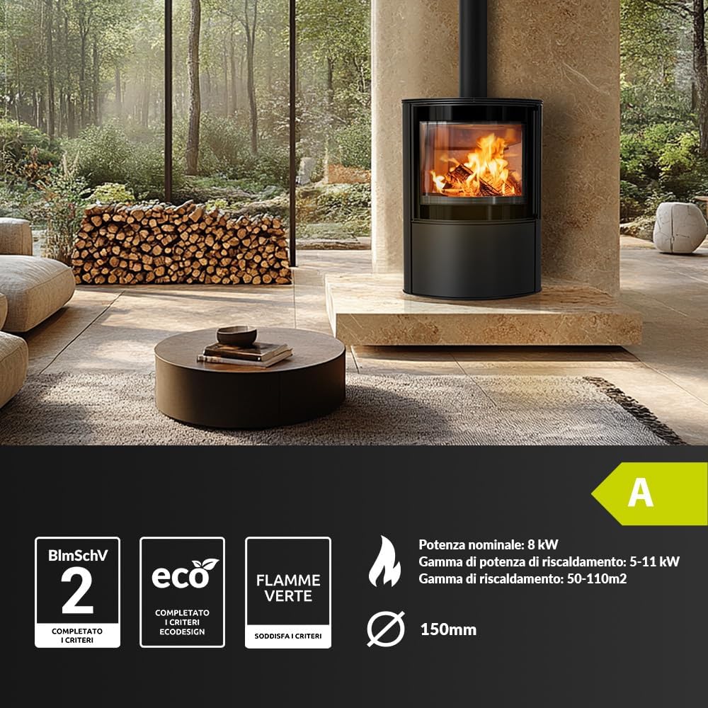 Kratki Kaminofen Bjorn 10 kW Ø150 mm Schwarz Freistehend – Termotec Brennkammer, Ökodesign & BImSchV 2 – Hoher Wirkungsgrad, Externe Luftzufuhr – Sauberes Glas – Effiziente Wärmeverteilung