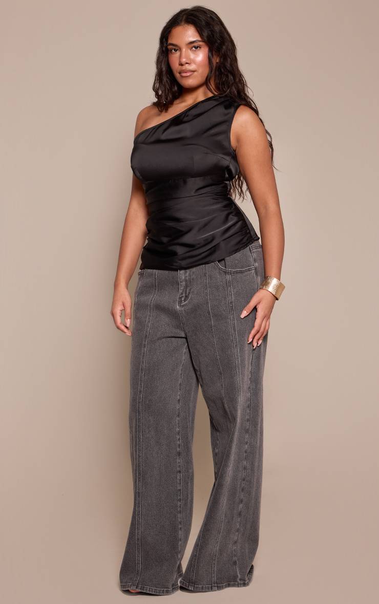 Noir Top En Satin Shape À Une Épaule Avec Dos Froncé