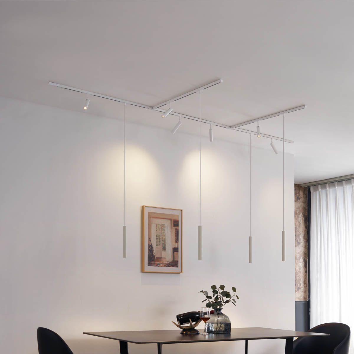 Modern railsysteem met 6 spots en 4 hanglampen beige met wit 1-fase - Slimline Uzzy Keno