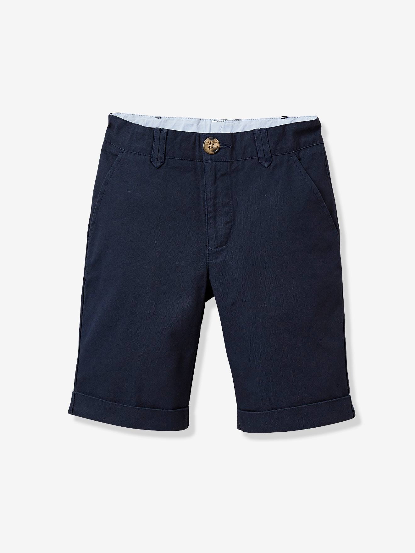 Bermuda clássica para meninos, modelo CYRILLUS, cor azul-marinho lisa.