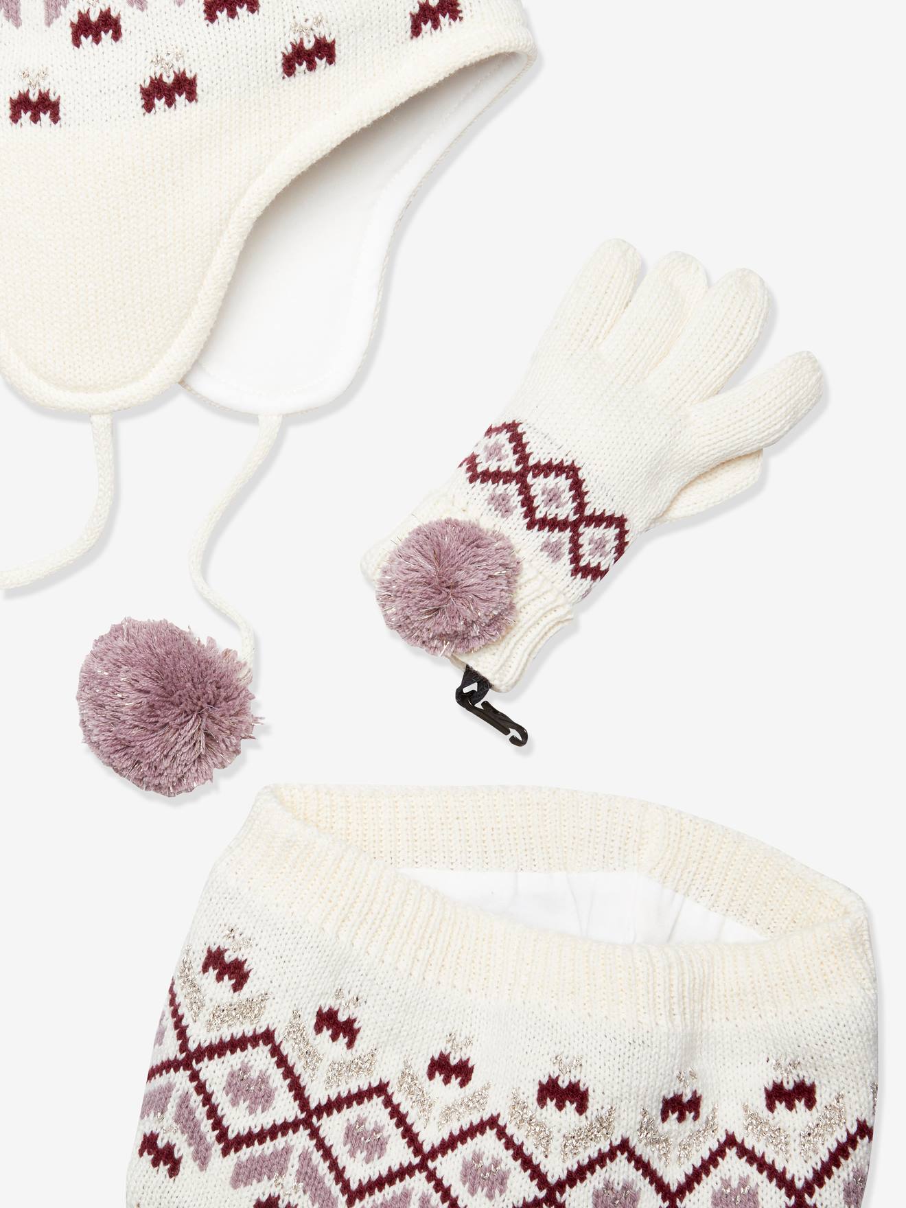 Conjunto infantil Oeko Tex® com gorro, cachecol e luvas em jacquard xadrez bege claro.