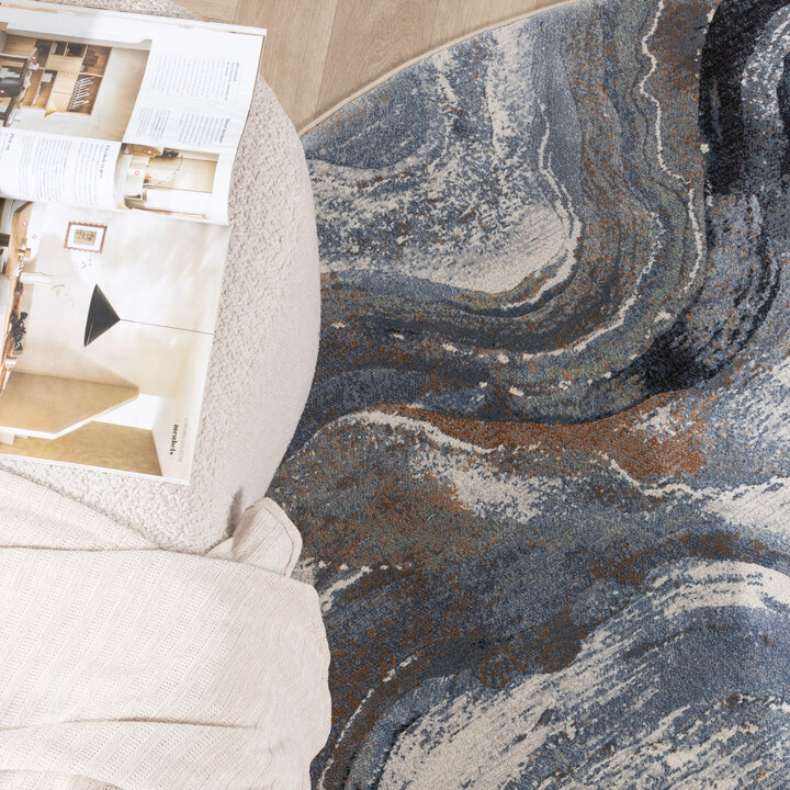 Rond abstract vloerkleed - Xavier Wave Blauw/Grijs