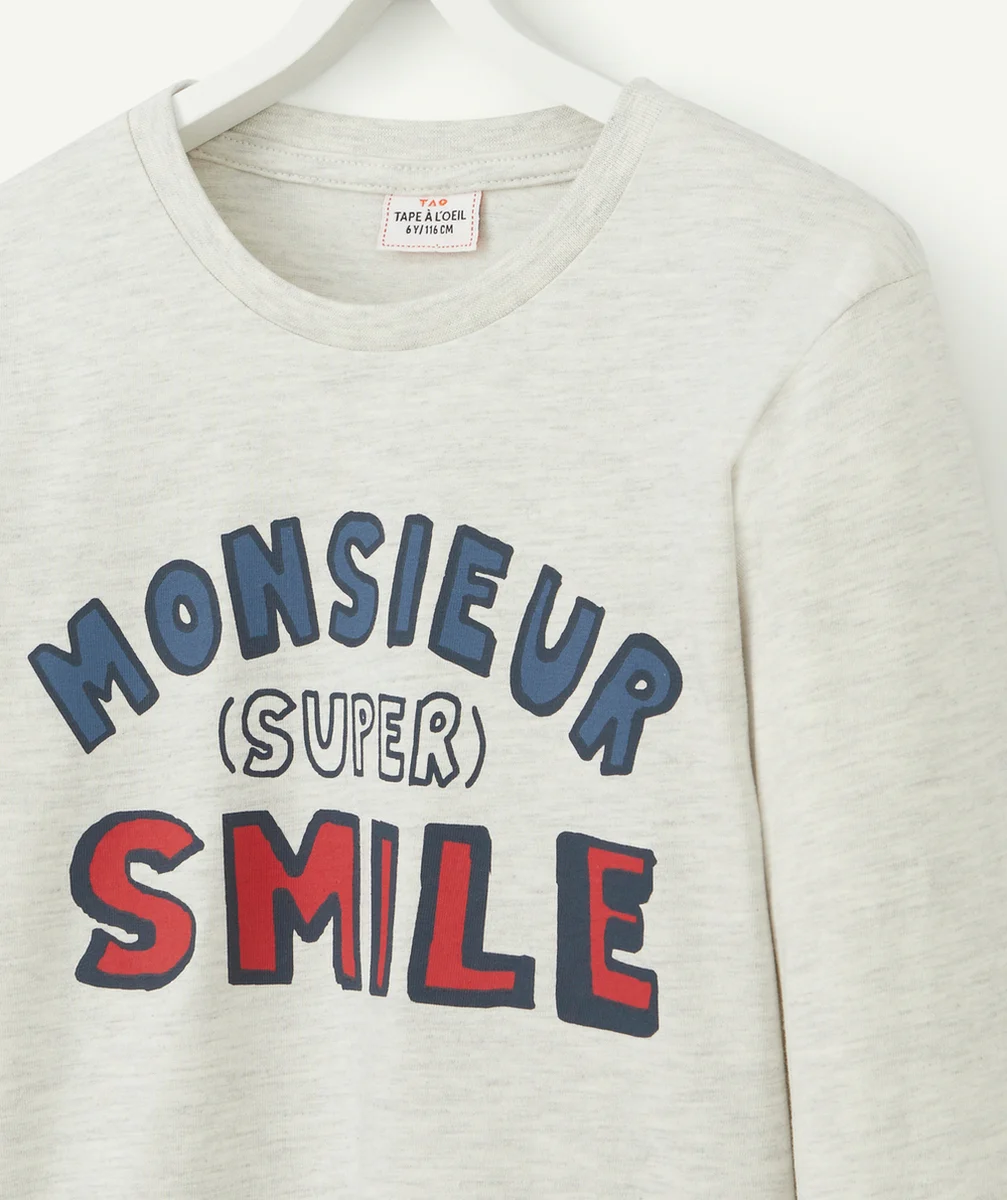 T-SHIRT GARÇON EN COTON BIO GRIS AVEC MESSAGE SMILE