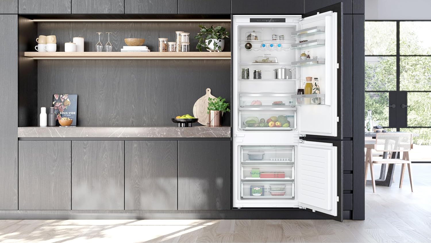 Siemens KB96NVFE0 iQ300, Smarte XXL-Einbau-Kühlgefrierkombination, 194 x 71 cm Nische, 285L Kühlen + 98L Gefrieren, Made in Germany, noFrost, hyperFresh für längere Frische, sehr Leise, Flachscharnier