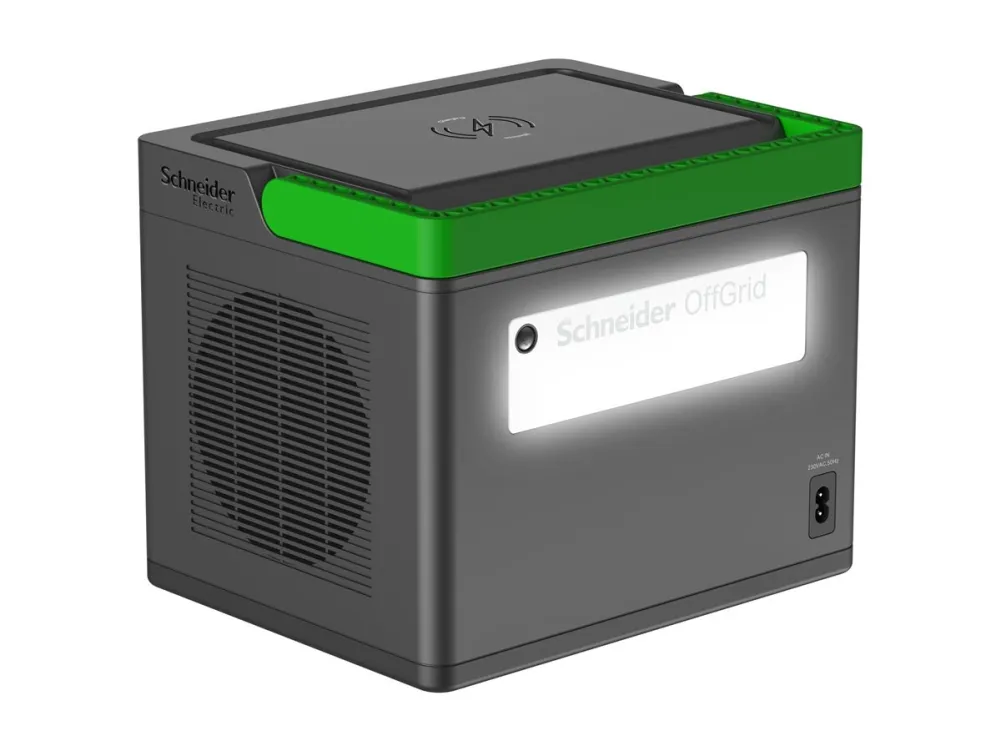 Schneider OffGrid 500 - Transportabel strømstation - LCD, lithium-ion, 2 CEE 7/3 schuko stik, sinusbølge, 3 USB-A, 2 USB-C, trådløs oplader - AC 195 - 265 / DC 12 -30 V - 500 Watt - Litiumion - 517 Wh - output-stikforbindelser: 2 - sort, grøn