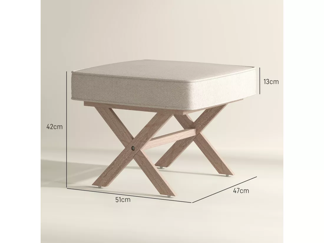 Pouf repose-pied style nordique piètement croisé bois hévéa tissu beige