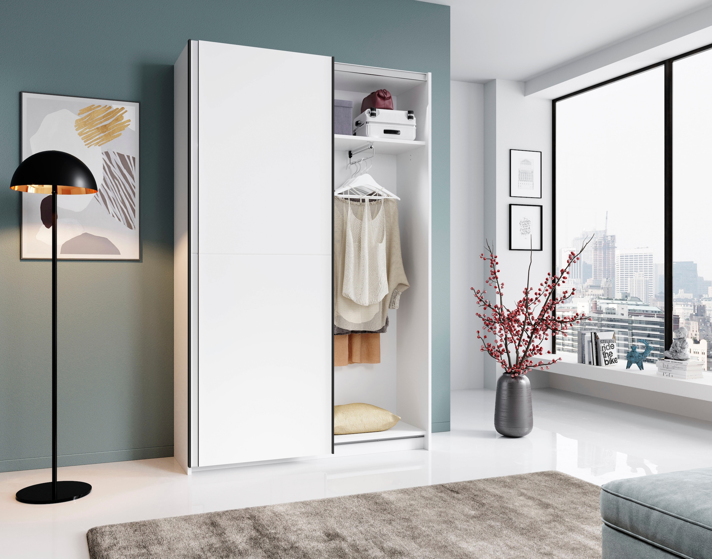 Schlafkontor Schwebetürenschrank »Heimo/Fast Schrank Kleiderschrank Garderobe« geringe Tiefe, ausziehbarer Kleiderstange, Garderobenschrank, 6 Böden