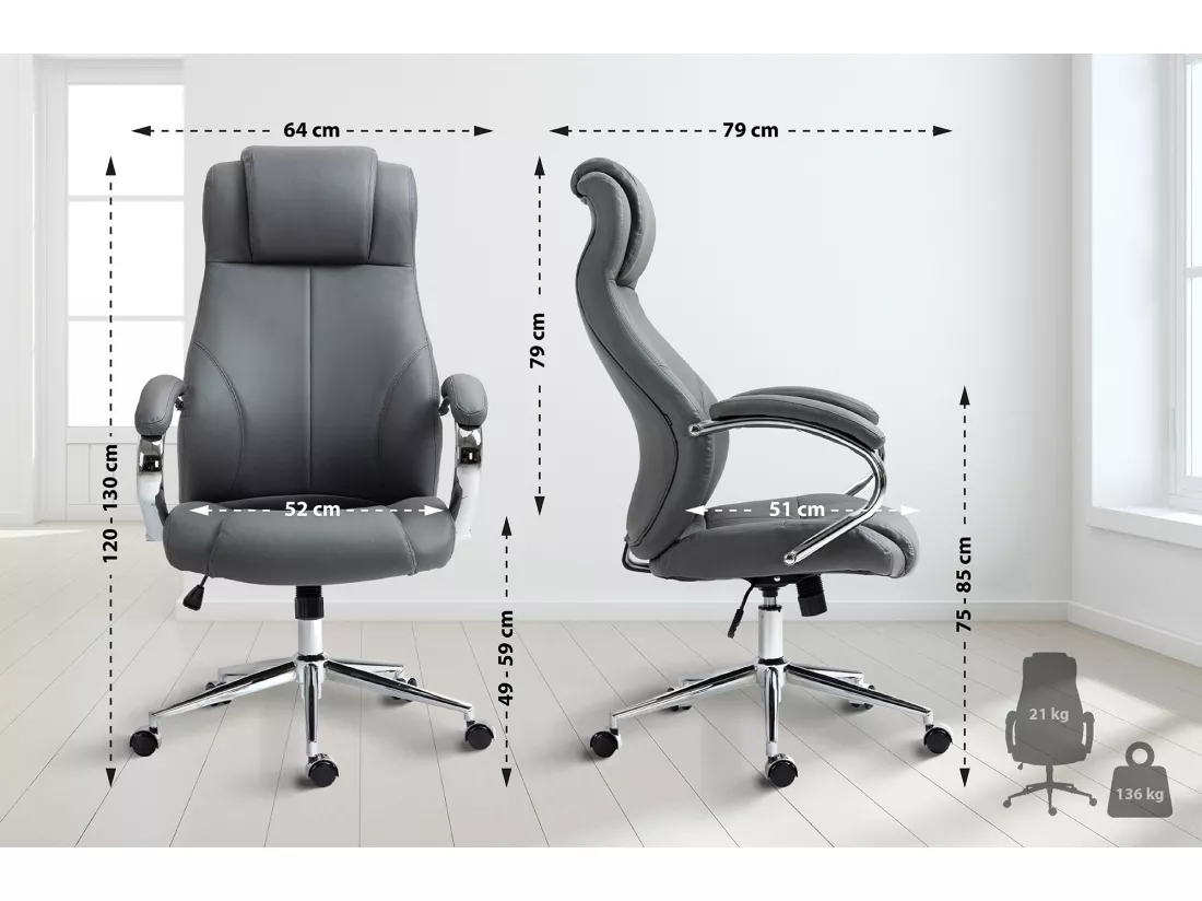 Chaise de bureau - Véritable cuir & Noir - Gris - Salford