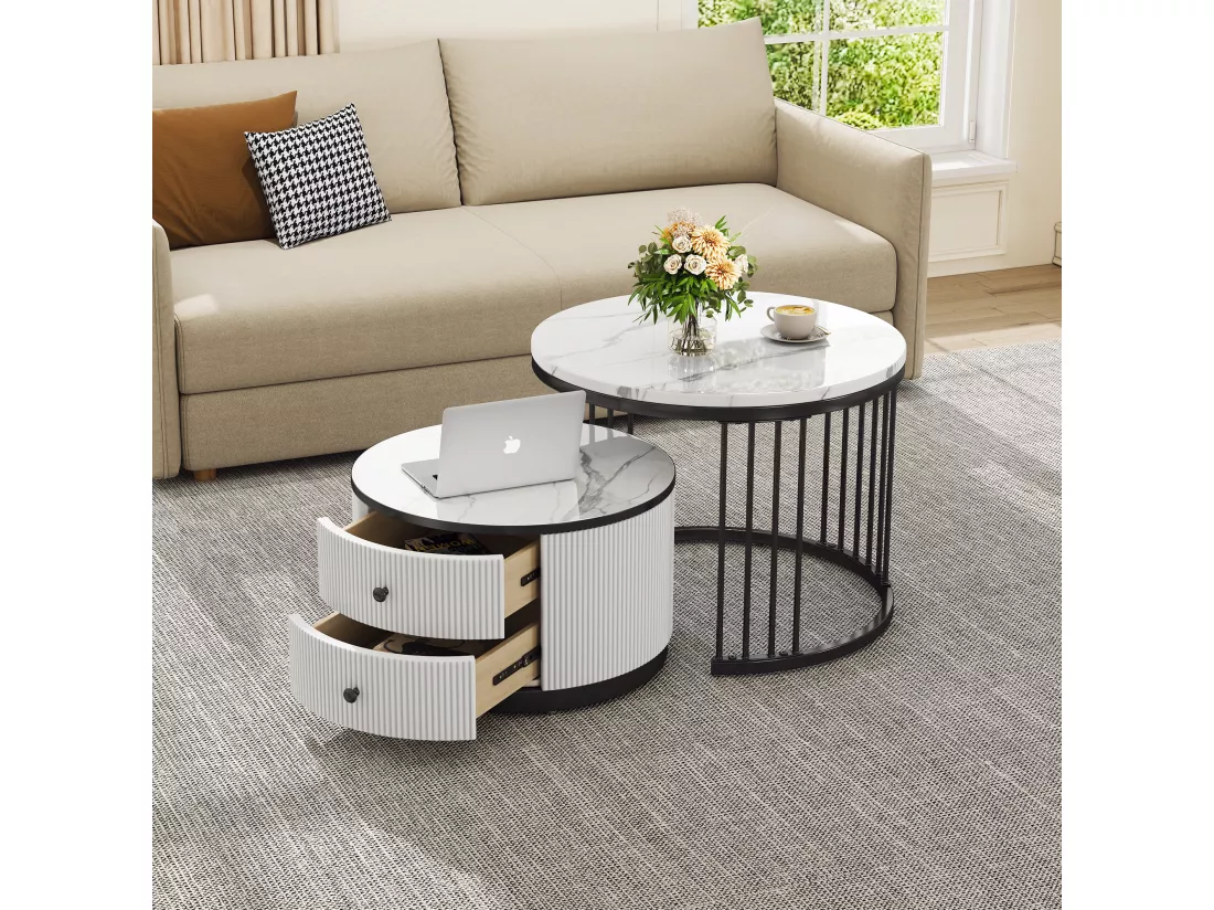 Lot de 2 tables basses gigognes avec 2 tiroirs - 60 x 60 x 45.5 cm + 50 x 50 x 32 cm - Aspect marbre brillant - MDF - Noir et blanc