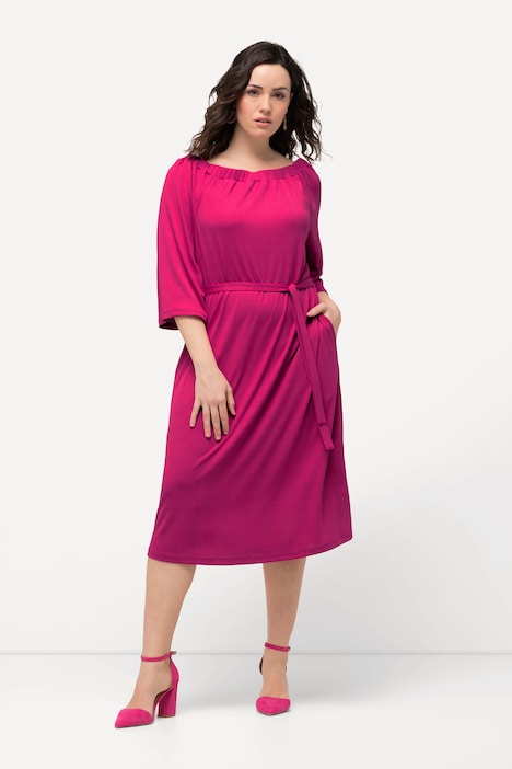 Midikleid, Strukturjersey, schulterfrei, 3/4-Arm