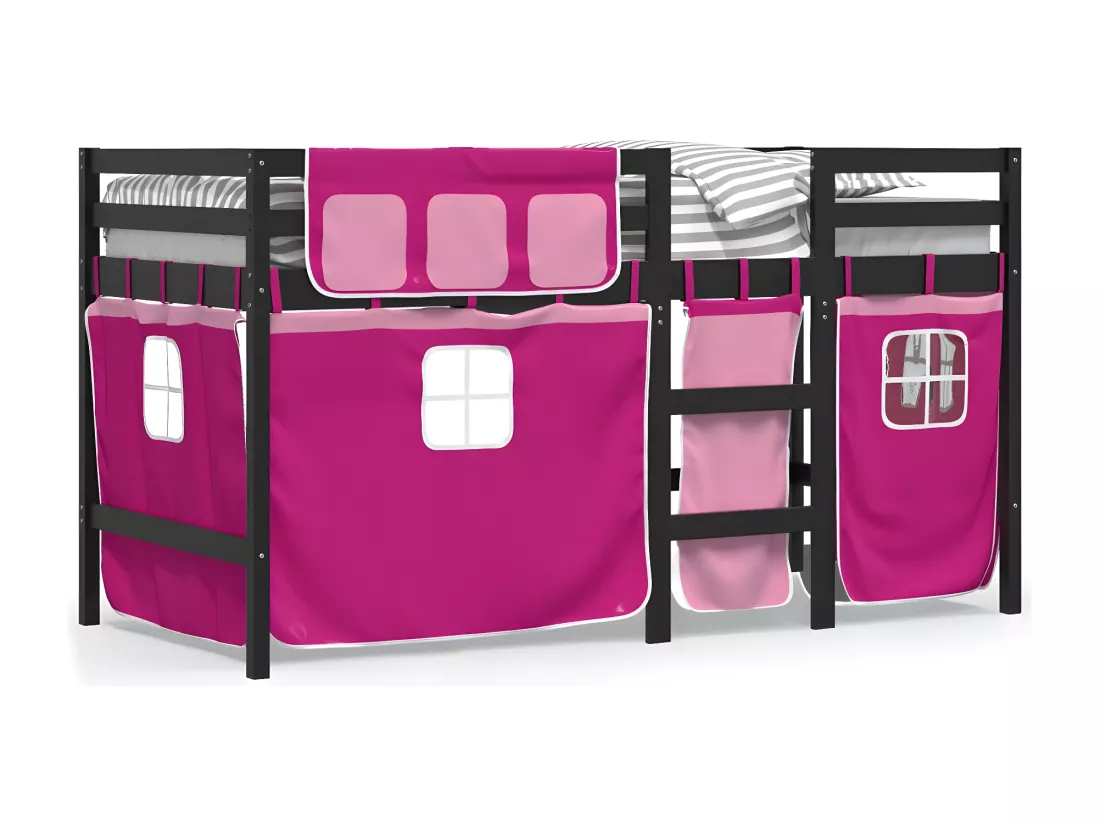 Lit mezzanine enfants et rideaux rose 90x190cm bois pin massif