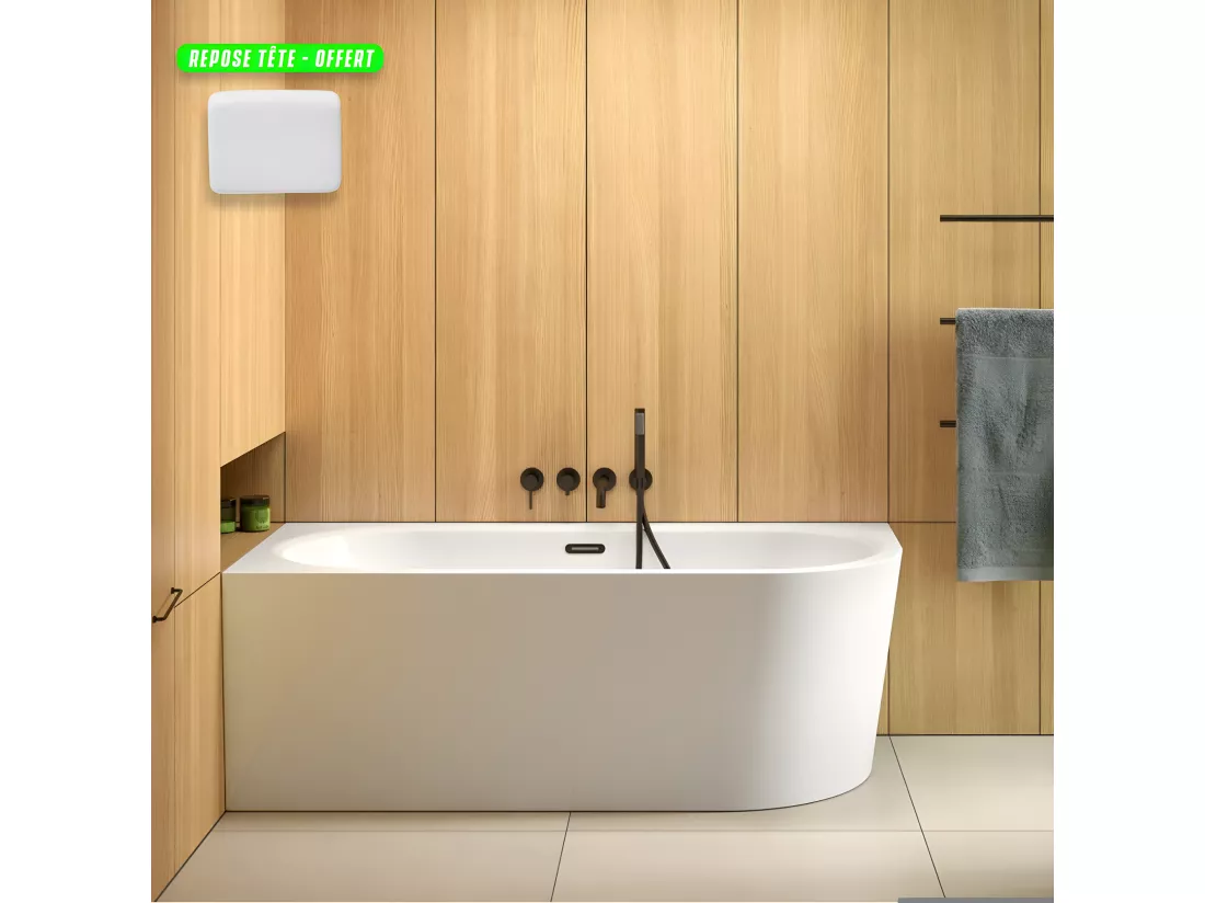 Baignoire d'angle Blanc + Siphon noir et Vidage inclus + Repose tête - AVITA S CLASSE - DROITE - 150 x 75 cm