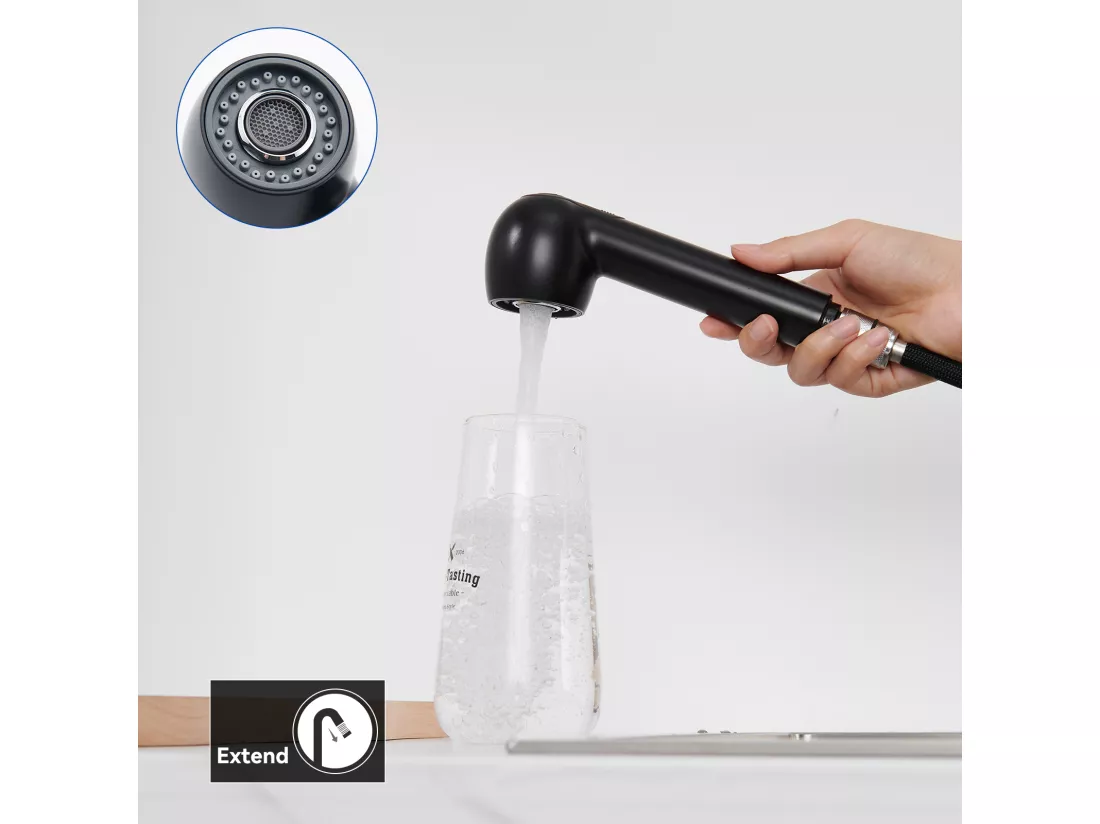 Mitigeur de Cuisine Noir avec Douchette Extractible 2 Jets Robinet Évier à 360° en Laiton Robinetterie avec Monotrou L'eau Froide et Chaude