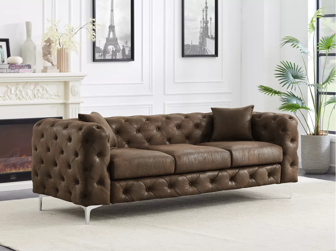 Canapé 3 places chesterfield en microfibre aspect cuir vieilli EDWINA